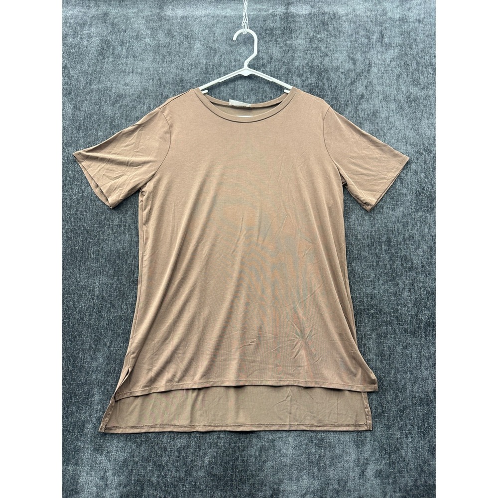 Zenana T Shirt Womens Large Beige Round Neck Side Slit High Low Hem‎ Casual Wear